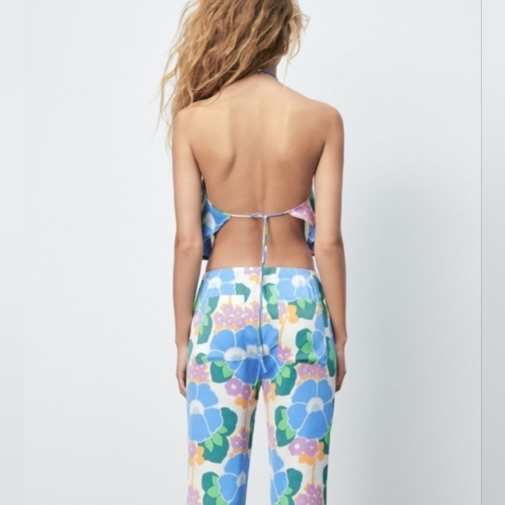 NWT Zara Retro 70s Floral Halter Top - Hanky Hem Backless Scarf Top XS Festival - Picture 3 of 12